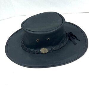 Barmah Australia Waterproof Foldaway Bronco Black Full Grain Leather Hat Sz. S